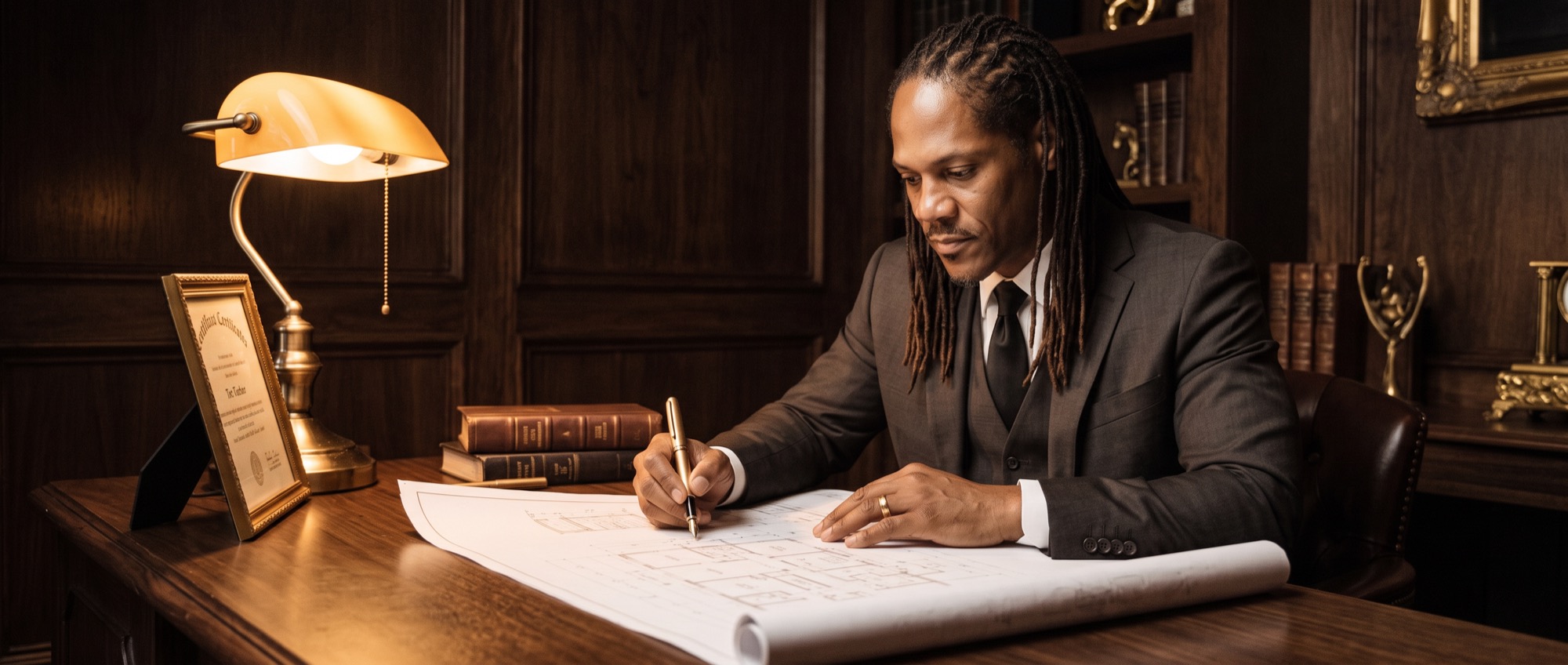 Tre' Tucker writing on blueprints at his desk