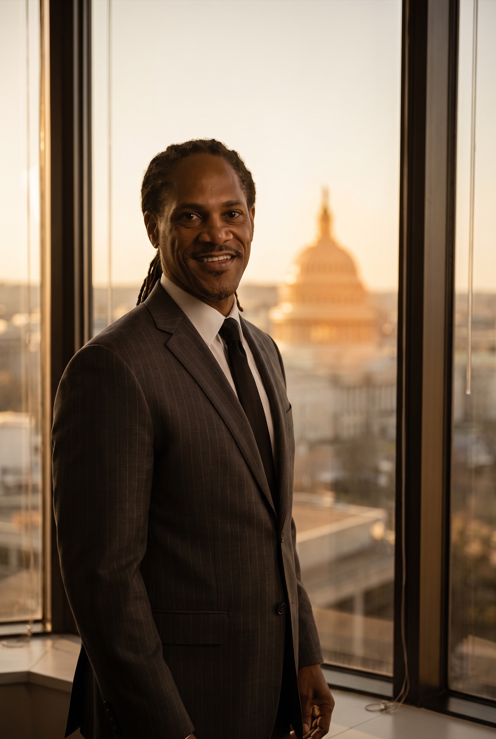 Tre' Tucker, founder of T.R.E. Consulting, overlooking Washington, DC at golden hour